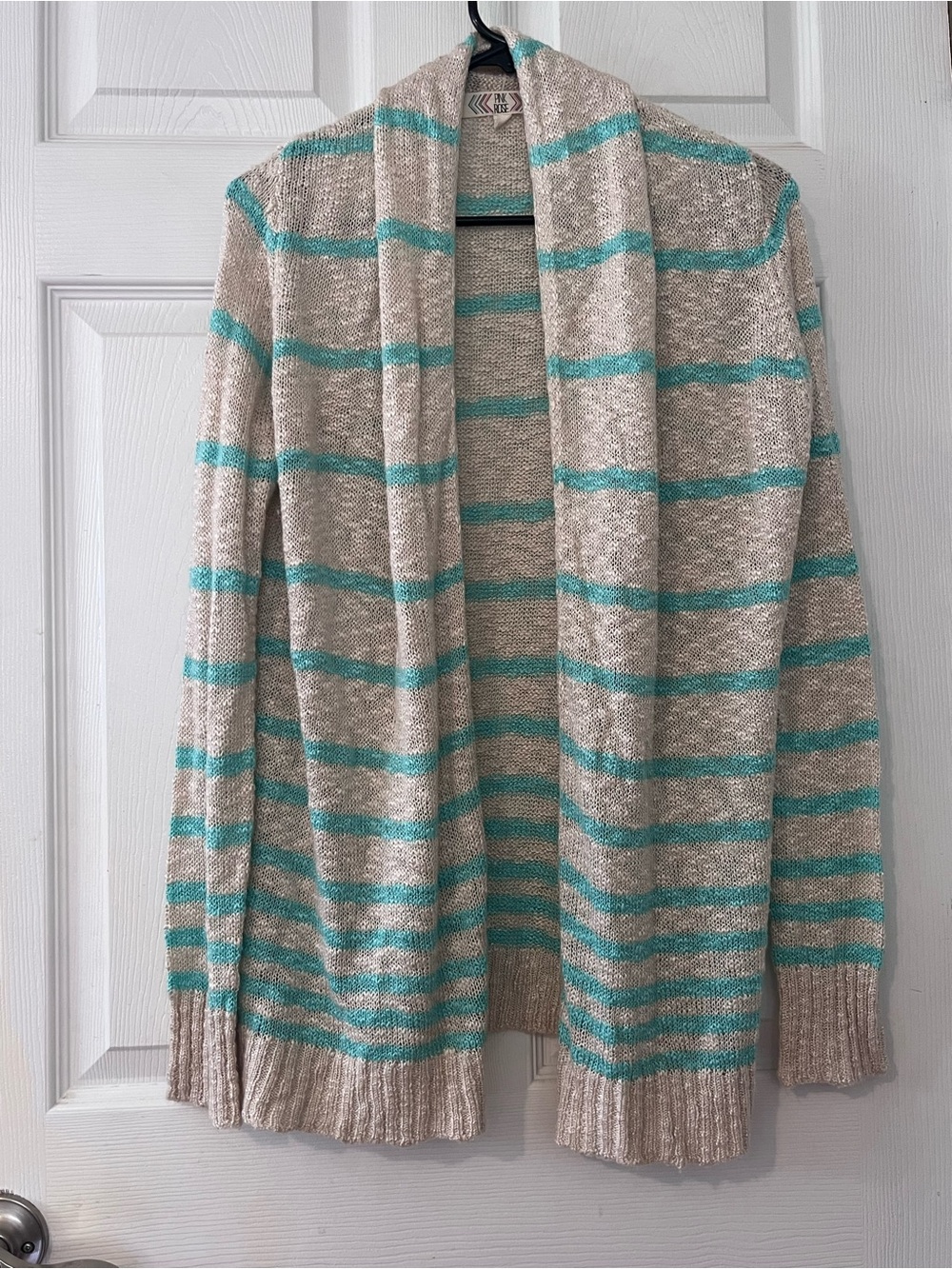 Pink Rose Open-Front Striped Cardigan in Beige and Teal